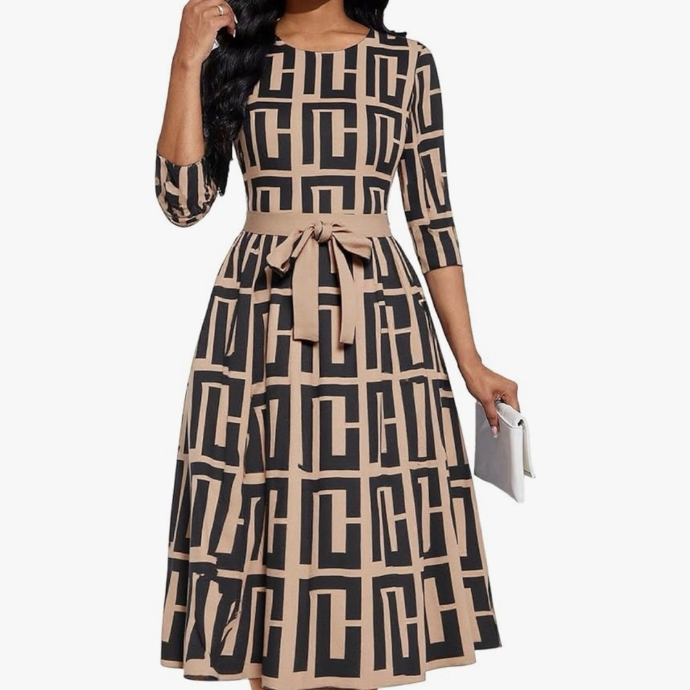 Chic Black and Tan Geometric Dress NWT